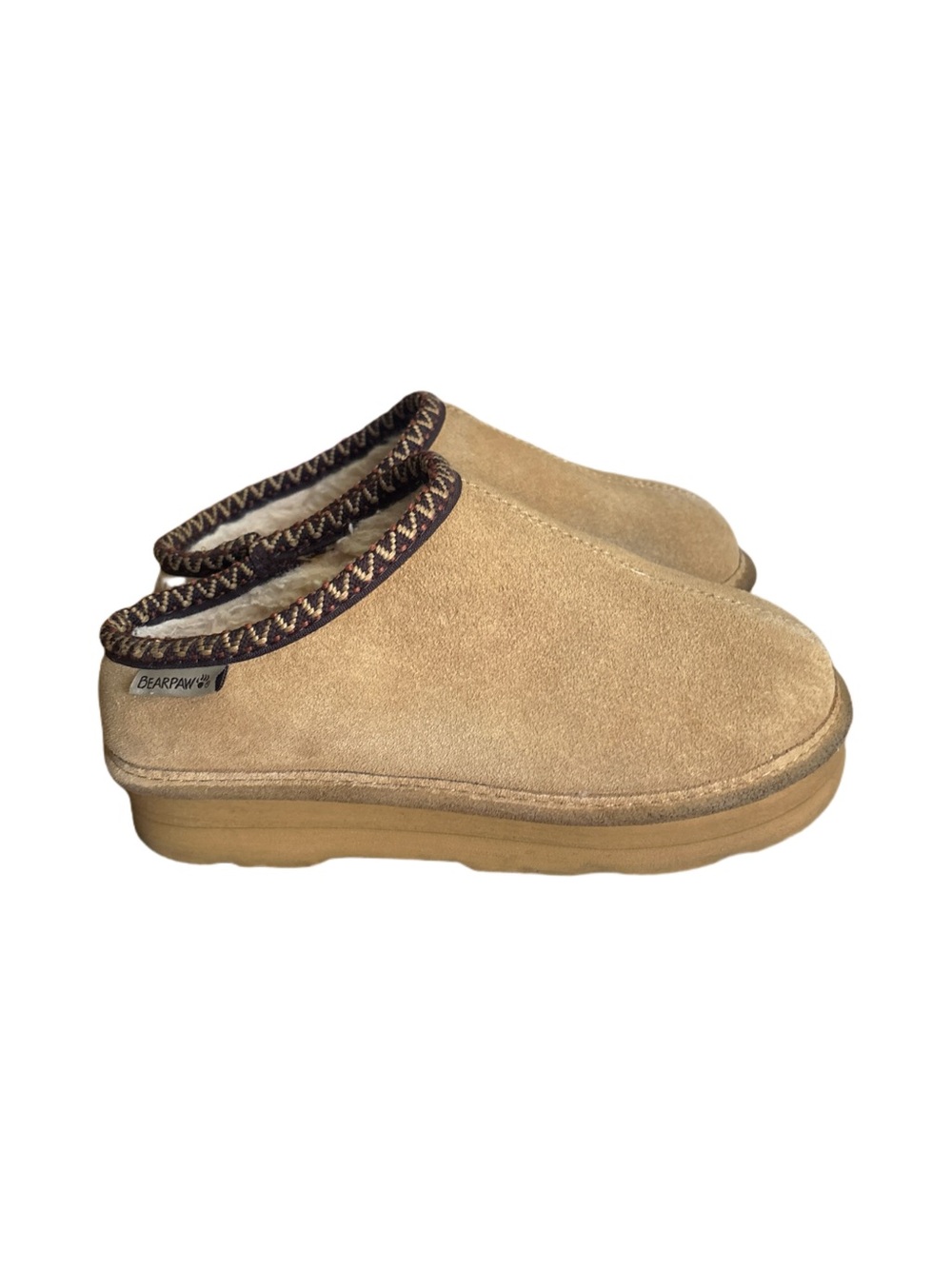 BearPaw Women’s Tan Suede Shearling-Lined Platform Slip-On Slippers Size 5